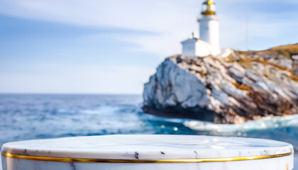 Poster - White Marble Podium with Lighthouse in Background