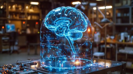 Poster - A holographic representation of a brain hovers above a work surface in a futuristic lab environment, showcasing advanced technology and research focus.