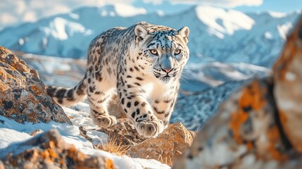 Wall Mural - A white tiger is walking on a rocky surface. The tiger is looking at the camera, and the scene has a sense of adventure and exploration