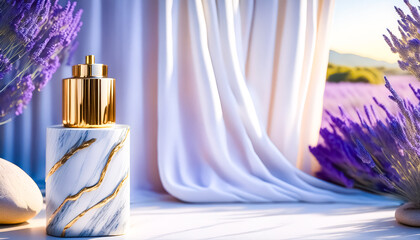 Wall Mural - Gold and Marble Perfume Bottle with Lavender Flowers and Draped Fabric