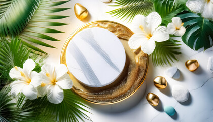 Poster - White Marble Podium with Tropical Leaves and Golden Accents