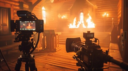 Fototapete - Two cameras are set up in a cozy cabin, capturing dramatic flames flickering in the background amid dim lighting.