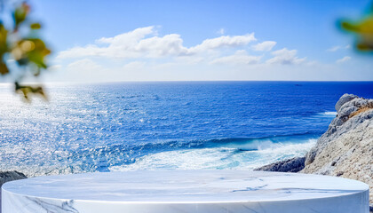 Sticker - Marble Product Display on a Cliff Overlooking the Ocean