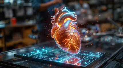 Poster - A holographic heart model is showcased in a high-tech lab, highlighting intricate details while researchers observe and analyze the display.