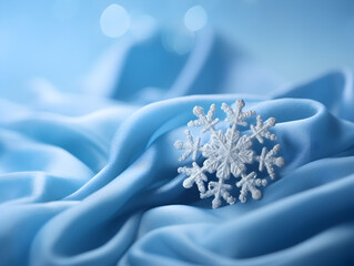 Wall Mural - A snowflake on blue fabric, free copy space for text, festive background