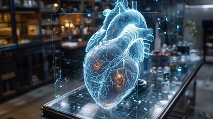 Poster - A detailed holographic heart model is being displayed in a cutting-edge laboratory, showcasing advanced technology and ongoing scientific exploration.