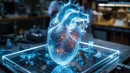 Poster - A holographic heart pulsates in a high-tech lab, surrounded by advanced equipment and researchers focused on innovative experiments.