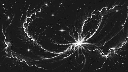 Aufkleber - Deep space scene background in stippling style with amazing huge nebula and glowing stars cluster in universe. Retro styled dotwork. Pointillism. Noisy grainy shading using dots. Vector illustration