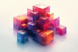 A contemporary cluster of colorful translucent cubes on a plain surface, exhibiting varying sizes and depths, with an interplay of vibrant hues and light reflections