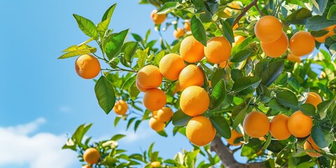 A tree with many oranges hanging from it. The oranges are ripe and ready to be picked. The sky is clear and blue, creating a peaceful and serene atmosphere