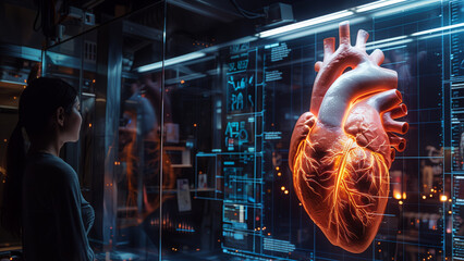 Poster - A person observes a detailed 3D heart model with illuminated arteries in an interactive medical learning environment.