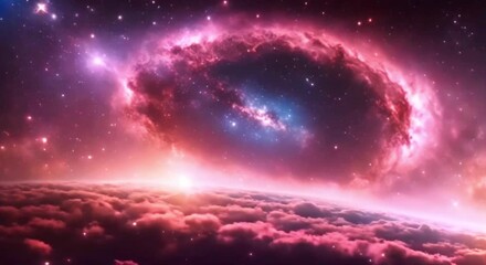 Wall Mural - Seamless loop galaxy exploration through outer space towards glowing milky way galaxy. 4K looping animation of flying through glowing nebulae, clouds and stars field. Magical sparkling stars beauty