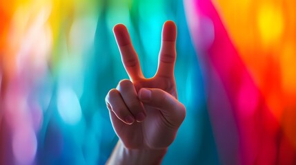 Peace Sign Hand Gesture: A hand making a peace sign against a bright, colorful background.
