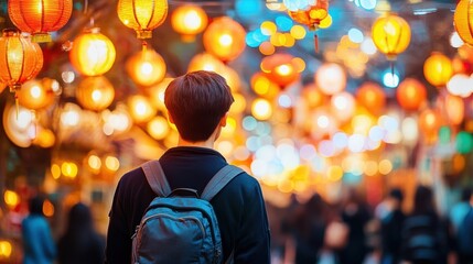 Poster - A man wearing a backpack is standing in front of a crowd of people. The scene is lively and colorful, with many lanterns hanging overhead