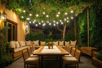 Dreamy dinner by night in a garden with string lights, table decor & pendant lights