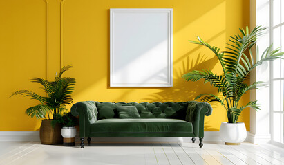 Wall Mural - Picture frame mockup in the interior of a modern living room on a yellow wall with a sofa and a plant in a vase, transparent wall art mock-up design