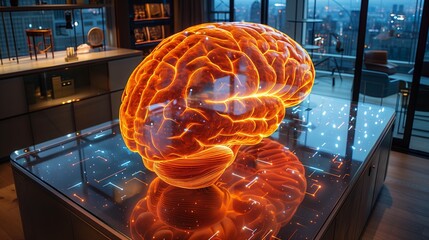 Poster - A vibrant holographic brain sits elevated on a sleek pedestal in a contemporary apartment, showcasing intricate neural pathways against a city skyline.