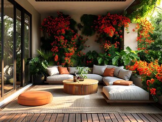 Modern Patio Design with Lush Greenery and Orange Flowers