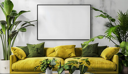 Wall Mural - Picture frame mockup in the interior of a modern living room on a yellow wall with a sofa and a plant in a vase, transparent wall art mock-up design