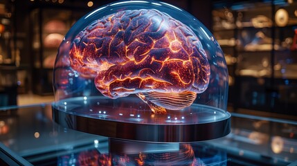 Poster - A cutting-edge holographic brain is showcased on a pedestal, illuminated in a contemporary exhibition environment.