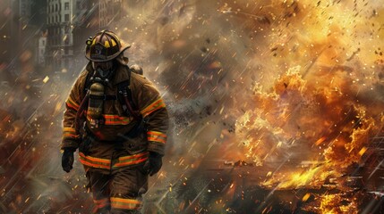 Wall Mural - professional firefighter in suit in the middle of fire and smoke with copy space