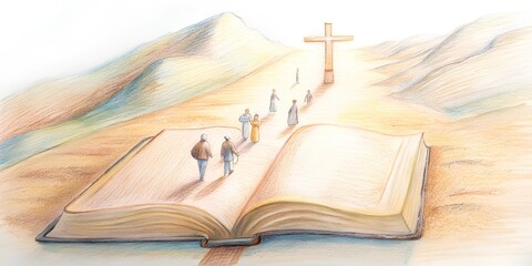 an open bible With a cross resting on top of the Bible, a road at its base and two open hands and its top and a lot walking people at the side of the road