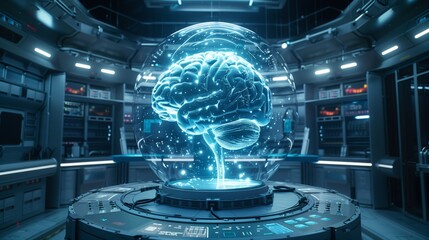 Poster - A holographic brain is showcased in a high-tech lab, revealing cutting-edge technology and a sleek design that suggests advanced research.