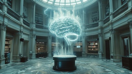 Poster - A holographic brain projection glows in a high-tech lab, illuminating the elegant architecture and futuristic design elements.