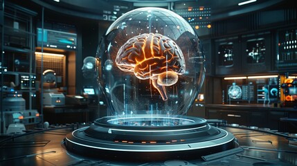Poster - A futuristic lab showcases a glowing brain inside a glass dome, reflecting advanced neurotechnology and innovative research.