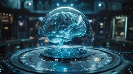 Poster - A holographic brain model is suspended above a control panel in a high-tech, futuristic laboratory environment.