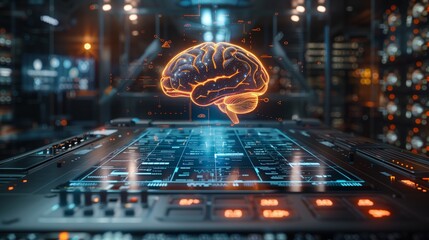 Canvas Print - The digital control panel features a simulated brain visualization, highlighting advanced technology in a futuristic setting.