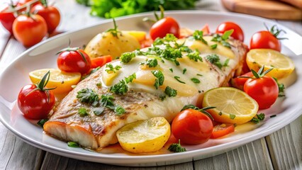 Close up of baked fish dish garnished with tomatoes, potatoes, and cheese on a white plate, baked fish, dish, vegetable