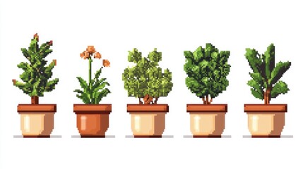 Retro 8-bit style potted plants in pixel art, perfect for vintage-themed designs.