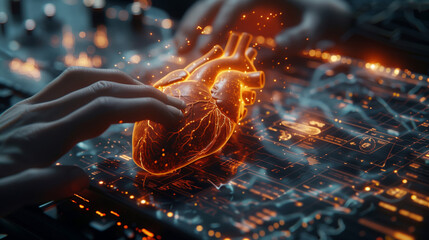 Poster - A scientist's hands interact with a holographic representation of a heart while engaged in innovative research.