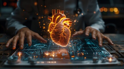 Poster - A scientist is using hands to engage with a holographic heart display in a modern research laboratory filled with technology.