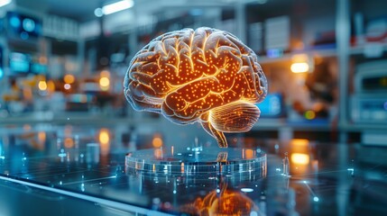 Poster - A holographic brain pulsates rhythmically, showcasing intricate neural patterns in a futuristic lab environment filled with advanced technology.