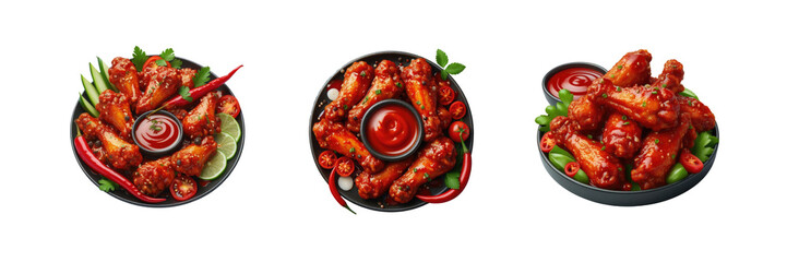 Wall Mural - Set of Spicy chicken wings with red sauce, isolated over on transparent white background