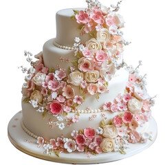 Elegant three-tier wedding cake adorned with pink and white fondant flowers and delicate draping, isolated on white. The concept is luxury celebration.