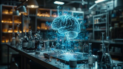 Poster - A laboratory showcases a holographic brain while scientists conduct advanced research amidst various glass equipment and instruments.
