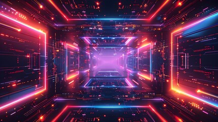 Poster - Futuristic Frame with Neon Lines and Shapes in Black Background Concept