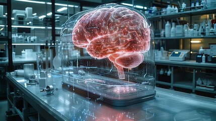 Poster - A transparent brain model showcased in a modern laboratory, highlighting innovative research and technology used in neuroscience studies.