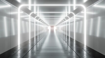 Poster - Abstract white room with dynamic light pathway leading to a bright exit