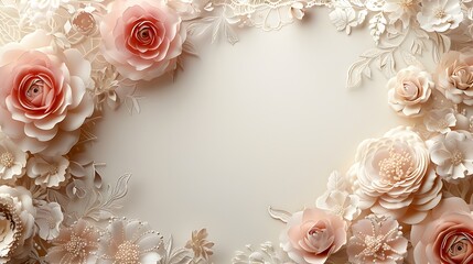 Sticker - Romantic Wedding Frame with Lace and Flowers on Soft Ivory Background