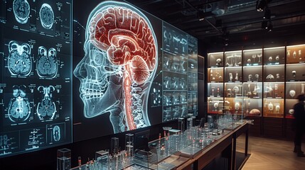 Poster - A public exhibition showcases intricate brain imaging alongside cutting-edge holographic displays in a sleek, modern venue.