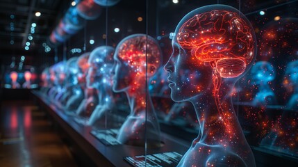 Poster - A truck is positioned in front of a row of holographic projectors showcasing intricate brain models in a dark, illuminated educational space.