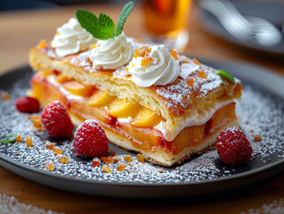 Wall Mural - a long, golden-brown peach cake roll with a fruit filling, topped with whipped cream and raspberries.