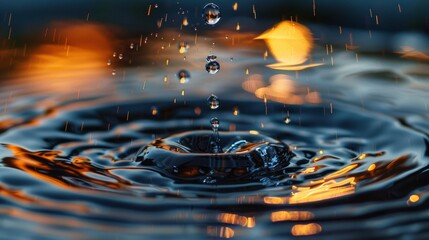 Poster - Water droplets falling on calm surface during sunset reflection
