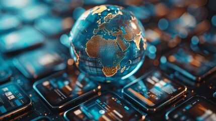 Poster - globe surrounded on digital devices smartphones