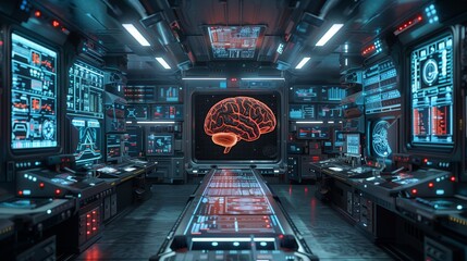 Poster - A modern medical research facility with advanced technology designs dedicated to brain research and analysis.