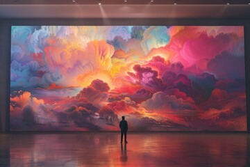 Wall Mural - Man Contemplating Large Abstract Painting of Colorful Sky and Clouds. Art, Imagination, Gallery, Inspiration